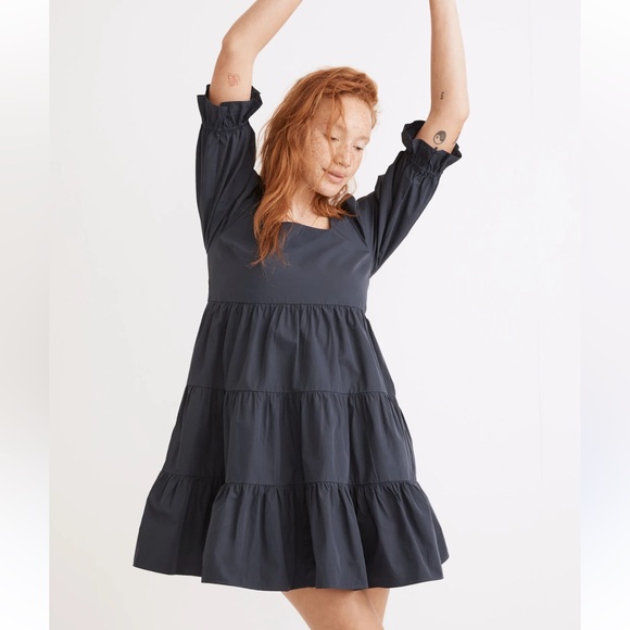 Madewell Dresses & Skirts - Madewell Lizzie Tiered Cotton Poplin Mini Dress Puff Sleeve Babydoll Twilight